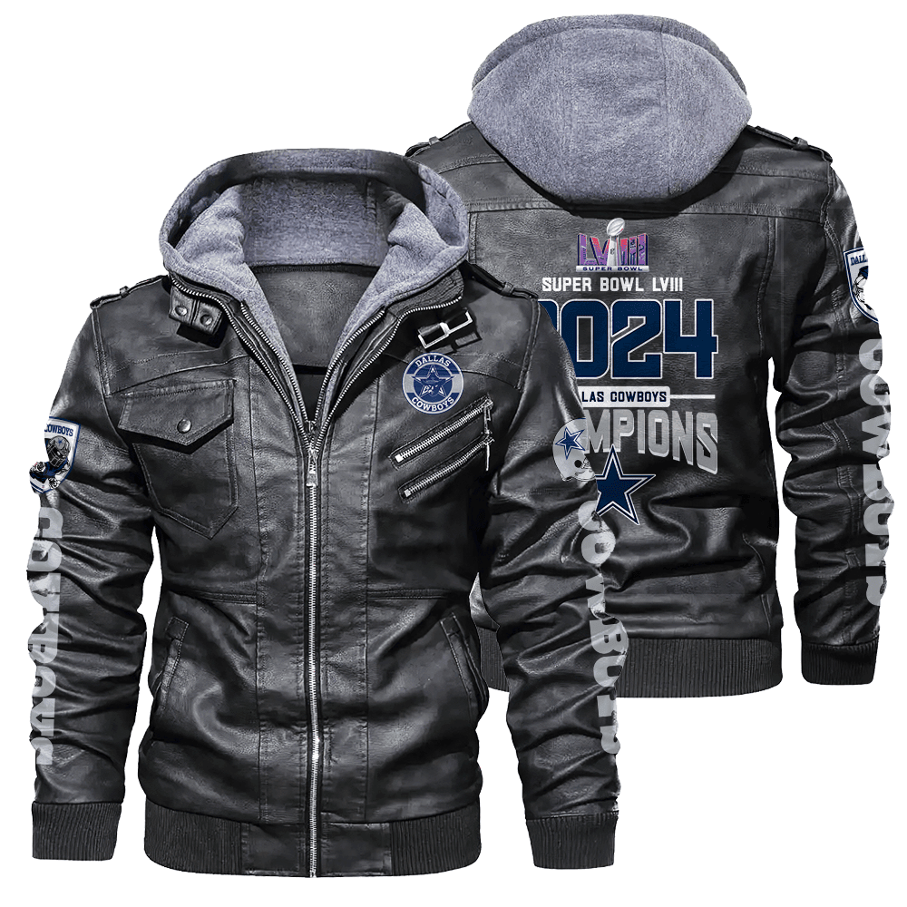 Dallas Cowboys NFL Super Bowl LVIII 2024 Champions Zip Black Leather Jacket With