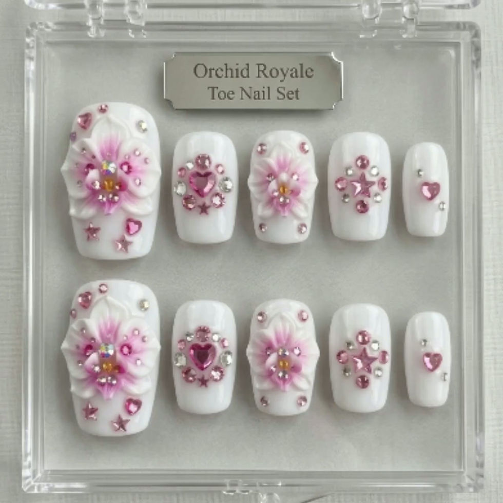 Thumbnail: Pink Orchid Gemstone Press On Toes | White Coquette Heart & Star Pedicure