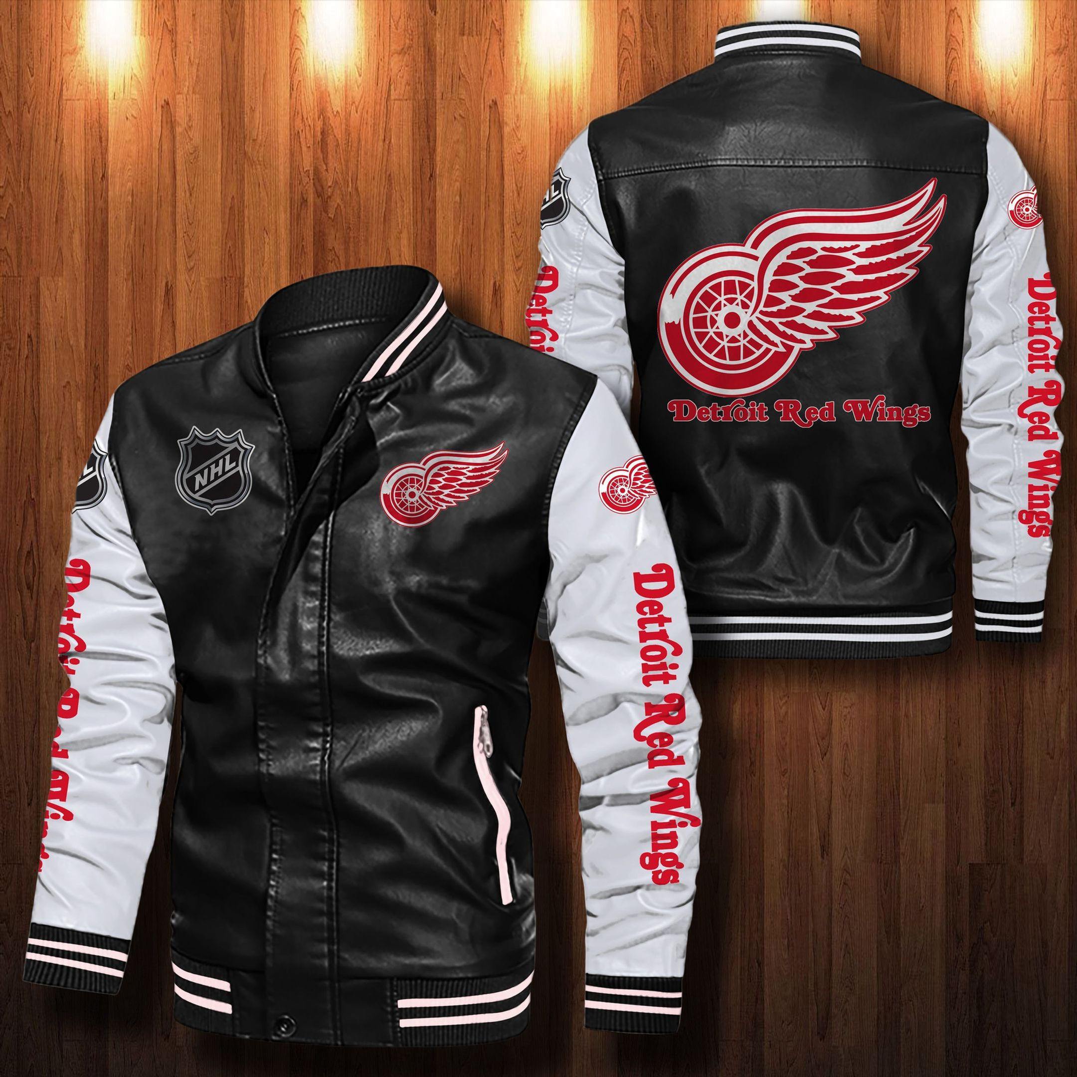 Detroit Red Wings Leather Varsity Jacket Bomber Coat