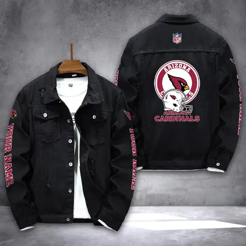 Arizona Cardinals NFL Team Name Personalized Sleeve Back Logo Black Denim Jacket