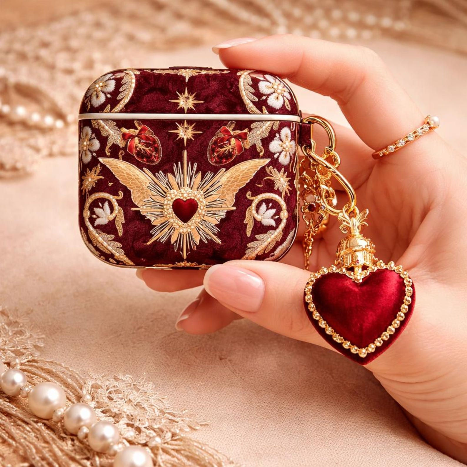 Sacred Heart 2D Print AirPod Case,Baroque Burgundy Gold AirPods Gen 1 2 3 4 Pro