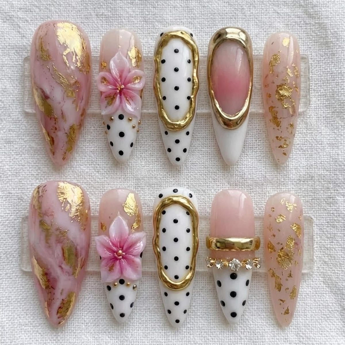 Pink & Gold Foil Press On Nails | 3D Flower & Polka Dot Art | Gold Chrome Accent