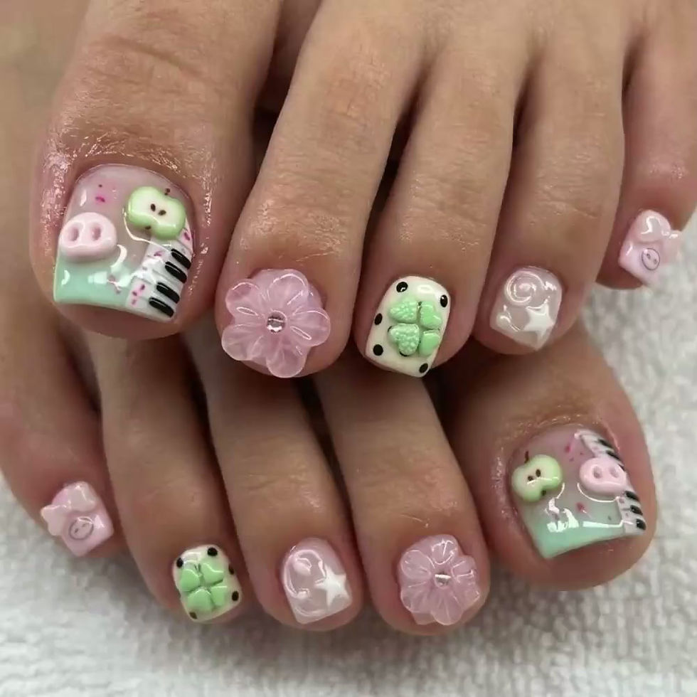 Thumbnail: 3D Piano Piggy Apple Nails, Pastel Pink Clover Flower Pedi Set