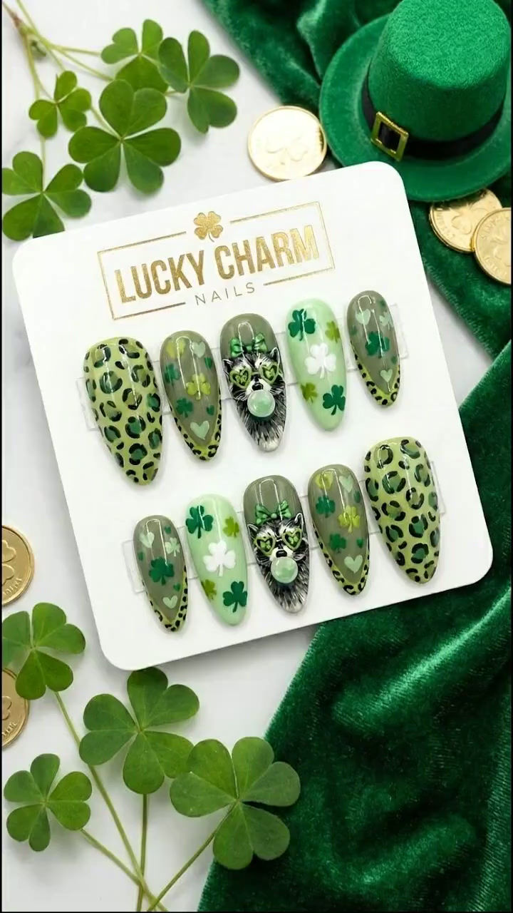 Thumbnail: Hand-Painted St. Patrick's Day Press On Nails, Lucky Raccoon, Green Leopard & Sh
