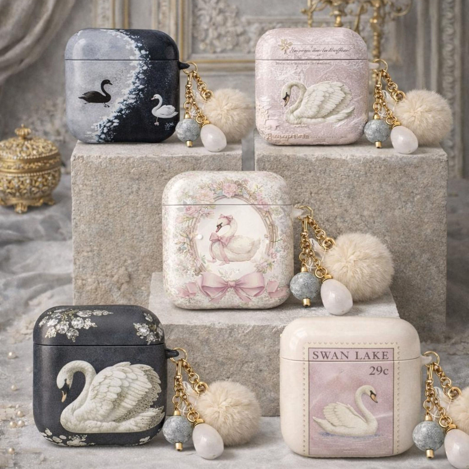 Luxury Vibe Coquette Swan Airpod Case Collection, Couple Swans Cover For Airpods