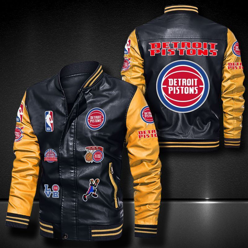 Thumbnail: Detroit Pistons Leather Varsity Jacket Bomber Coat