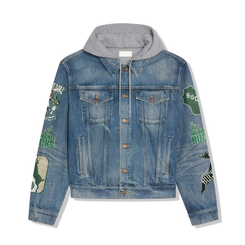 Thumbnail: Milwaukee Bucks NCAA Team Logo& Motto v4 3D Hooded Denim Jacket