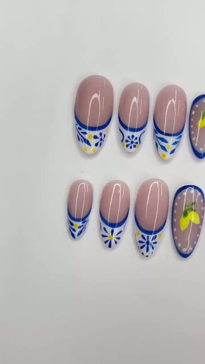 Thumbnail: Grecee Summer French Tip Medium Almond Press On Nail, Custom Design Nail Art