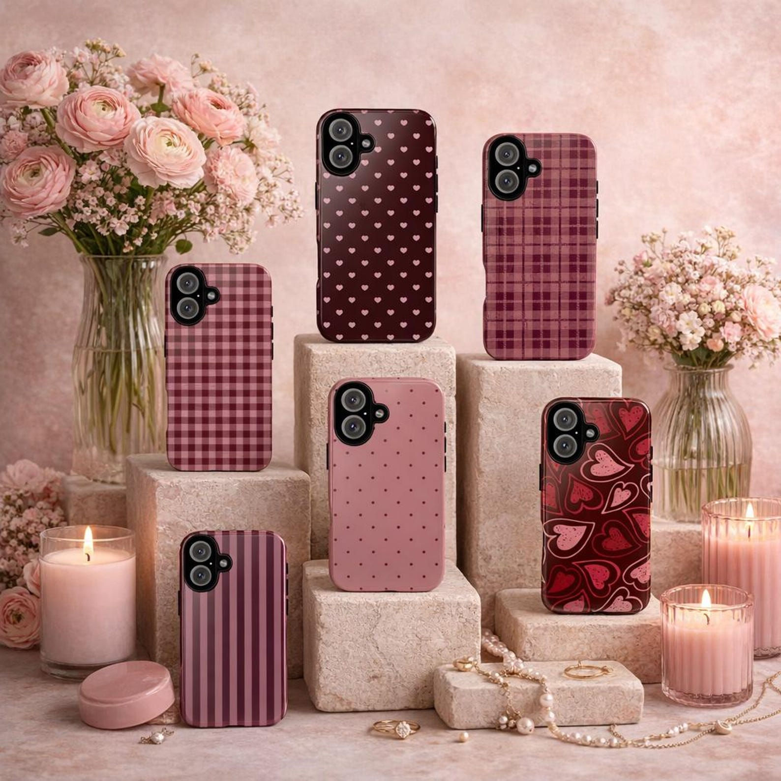 Burgundy and Pink Coquette Phone Case Collection, Plaid Hearts Stripes Polka Dot