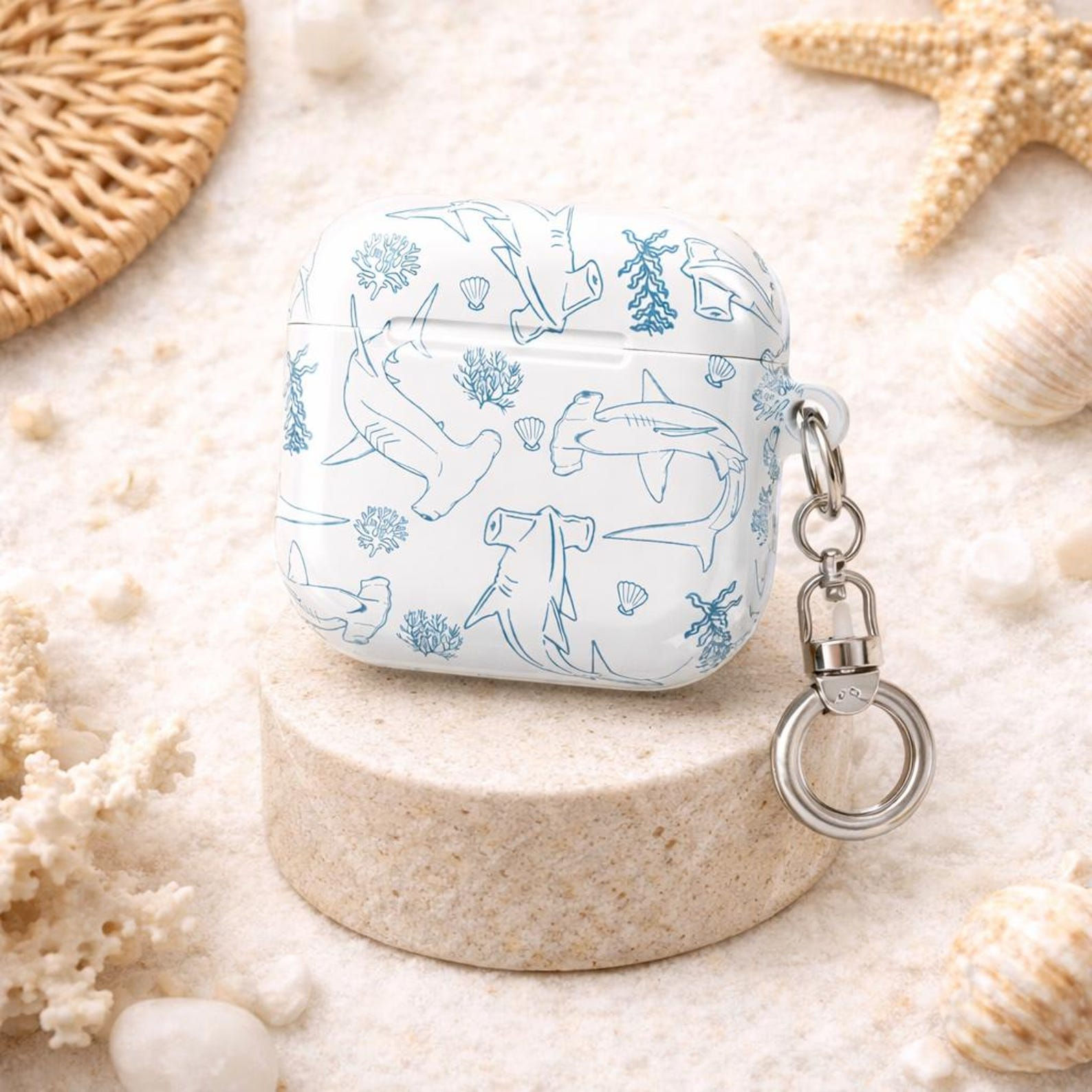 Hammerhead Shark Coral Reef AirPods Case Gen 1 2 3 4: Beige Blue Ocean Design, S