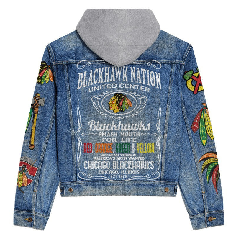 Thumbnail: Chicago Blackhawks NHL Team Logo& Motto v2 3D Hooded Denim Jacket