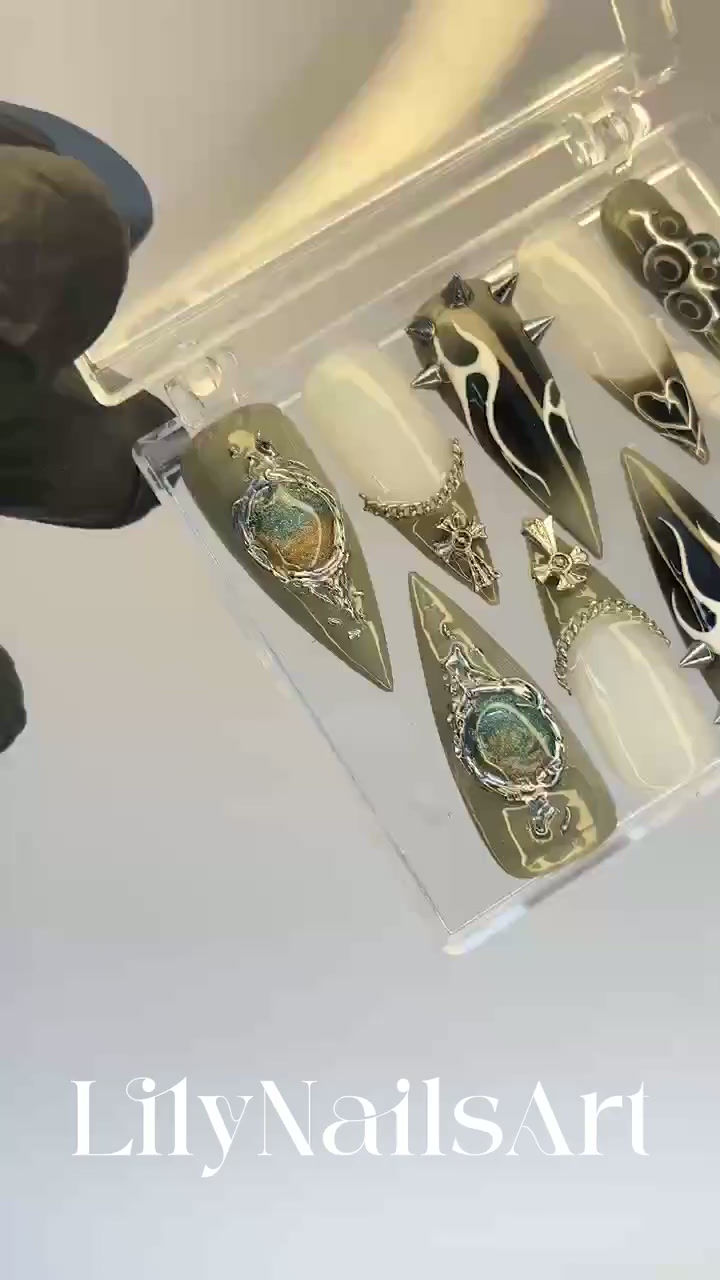 Thumbnail: Free Style Sage Green with Cross Charm Long Stiletto Press On Nails