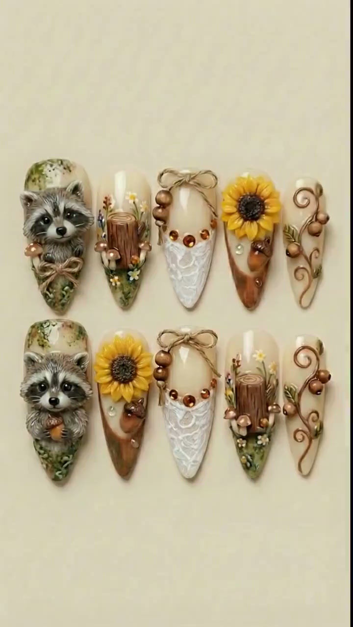 Thumbnail: Hand-Sculpted 3D Raccoon & Sunflower Press On Nails | Woodland Cottagecore Art