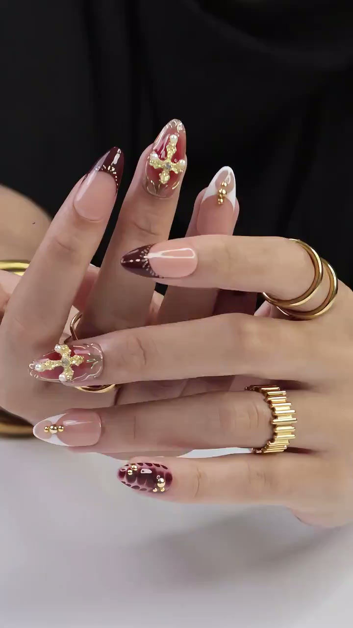 Thumbnail: Press On Nails Gold Cross with Red Marble | Glam Fake Nails in Medium Almond