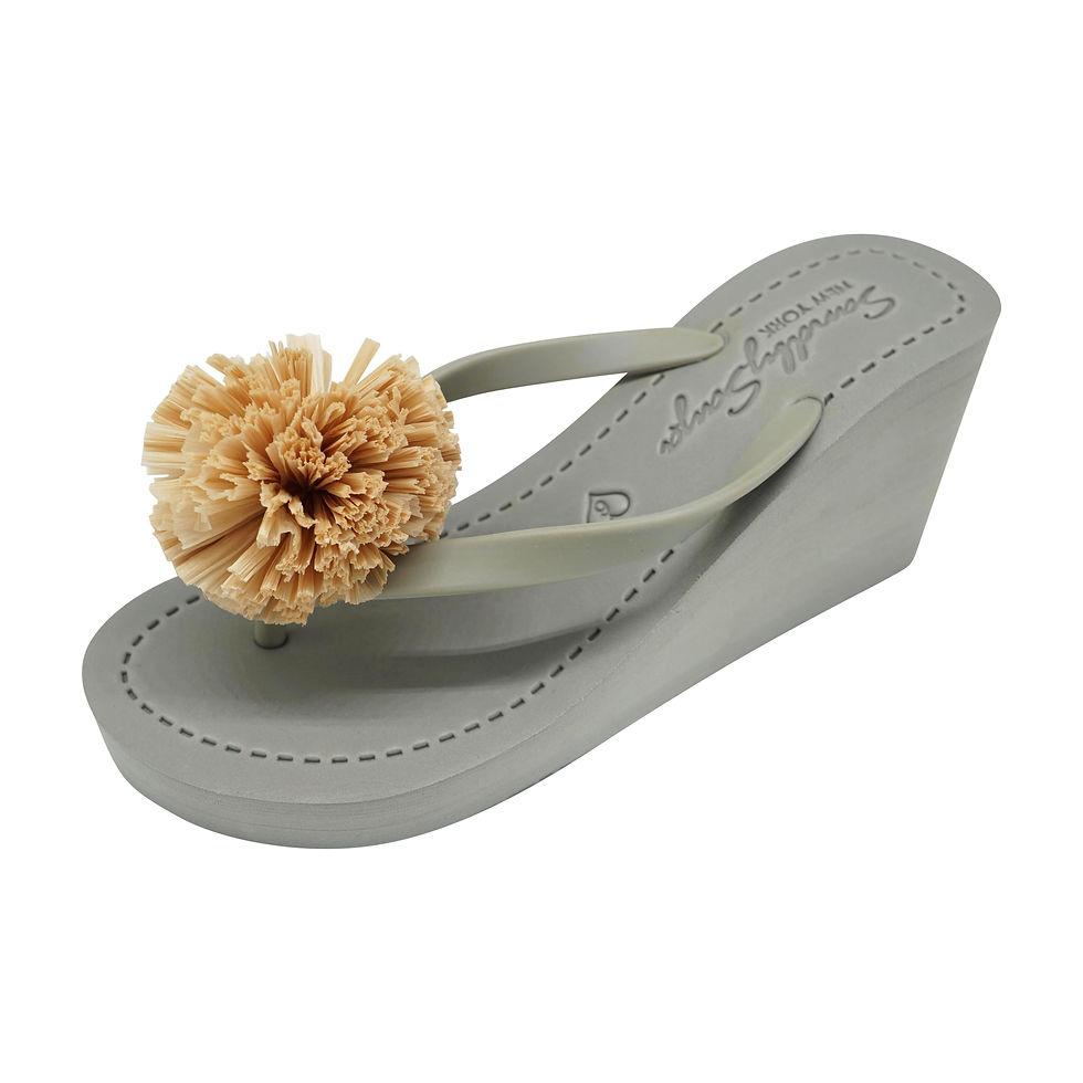Thumbnail: Raffia Pom Poms - Embellished Women's High Wedge Flip Flops Sandal