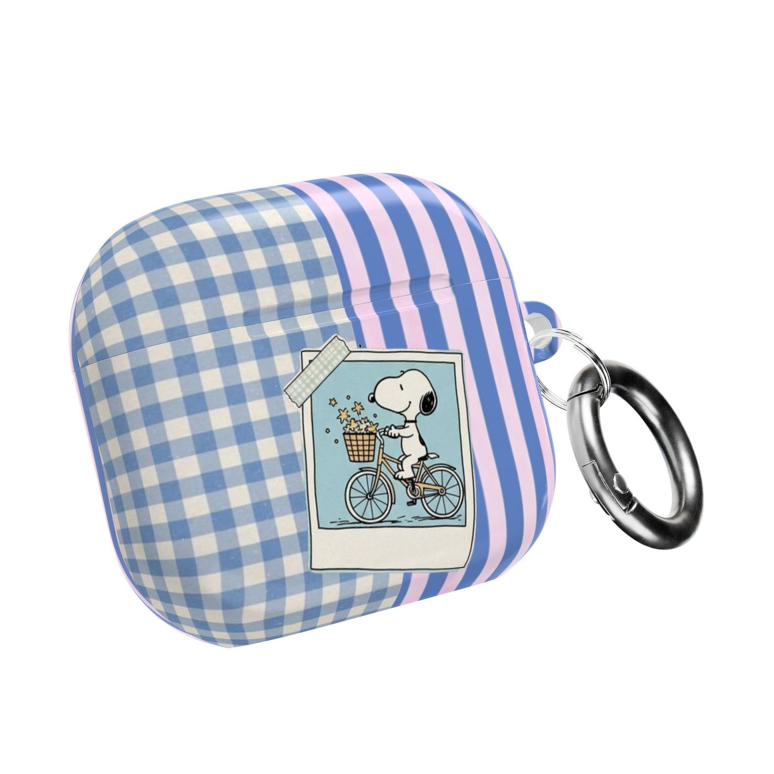 Cute Snoopy Bicycle Illustration AirPod Case | Pink Blue Gingham Stripes