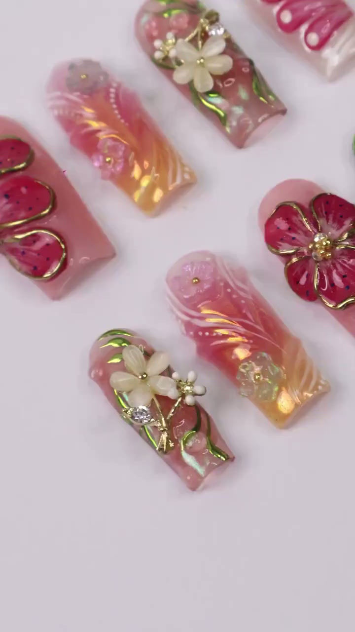 Thumbnail: Press On Nails Petalia With Hibiscus | 3D Floral Fake Nails in Long Square