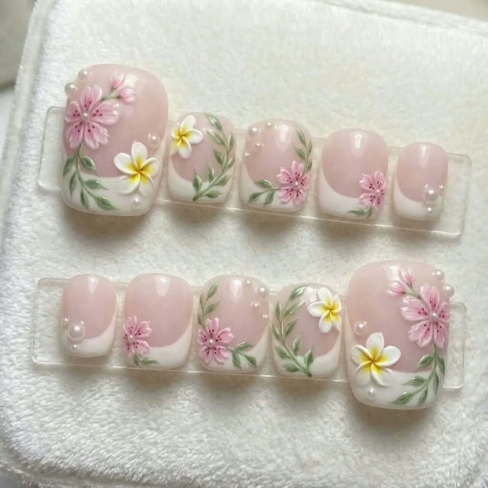 Thumbnail: Luxury Bridal Floral Press On Toes | Tropical Blossom French Pink & White V-Cut