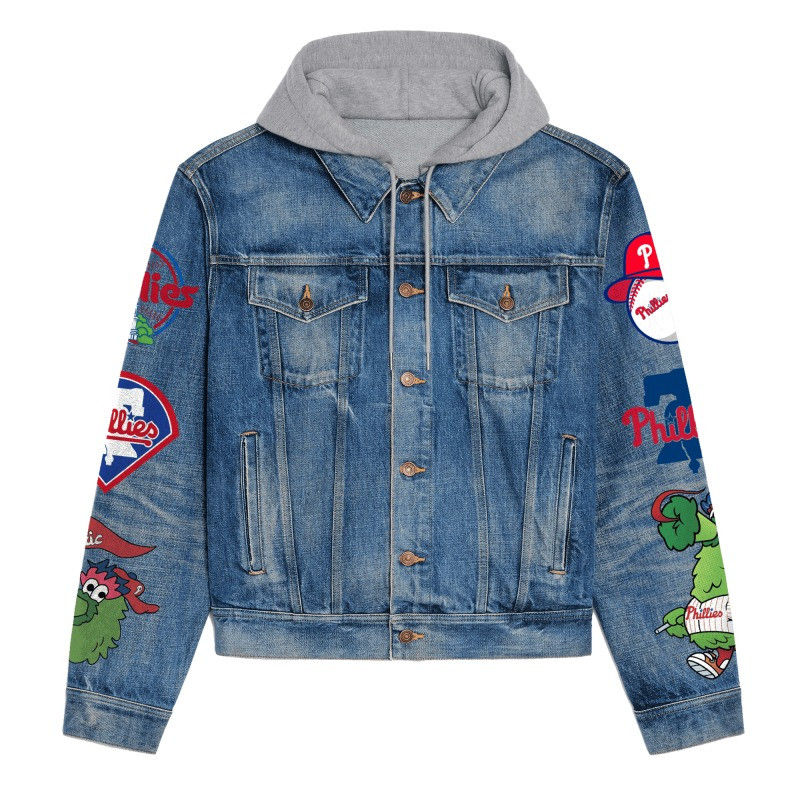 Thumbnail: Philadelphia Phillies MLB Team Logo Mascots v2 3D Hooded Denim Jacket
