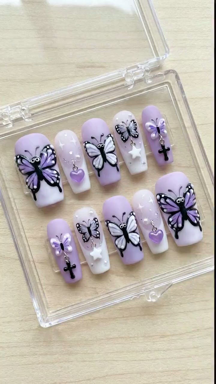 Thumbnail: Kawaii 3D Purple Butterfly Press On Nails | Pierced Nails - Heart, Star Matte Ar