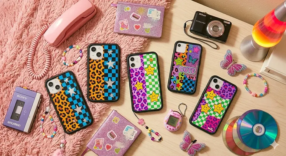 Checkerboard Y2K phone case with colorful nostalgic design