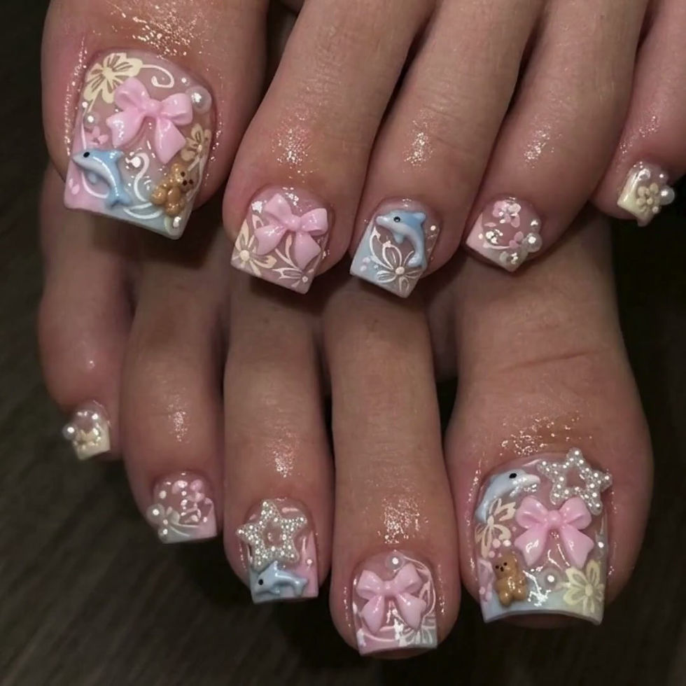 Thumbnail: 3D Kawaii Dolphin Bow Teddy Bear Toenails, Pastel Marine Art Press On Pedi