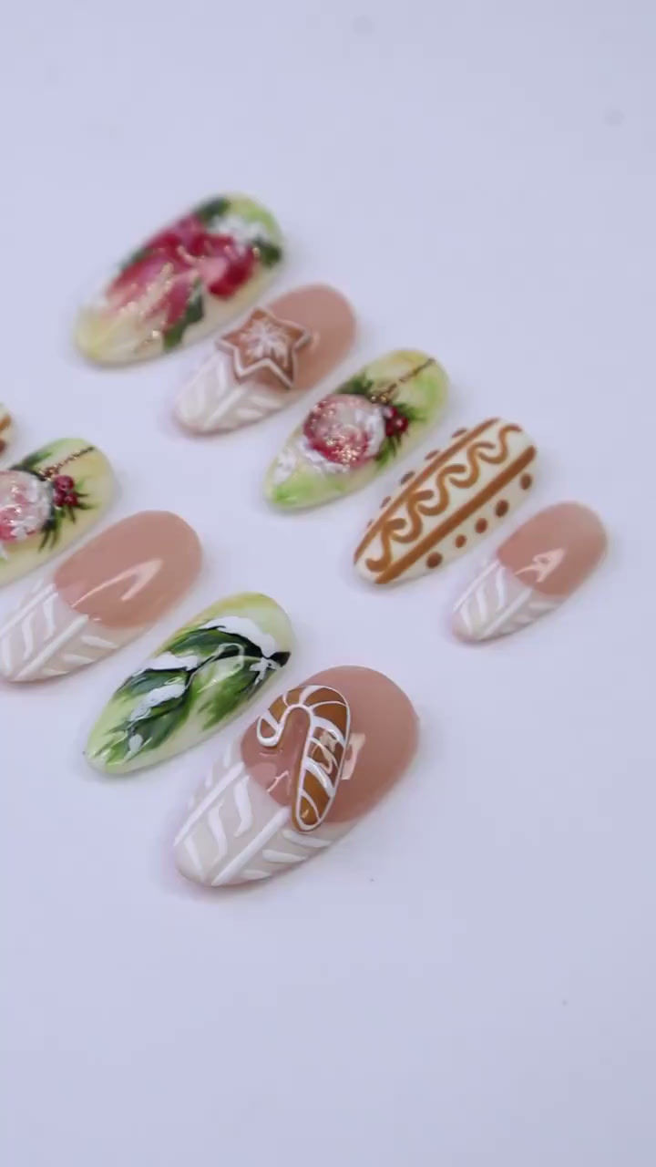 Thumbnail: Christmas Gingerbread & Ornament Press On Nails | Medium Almond