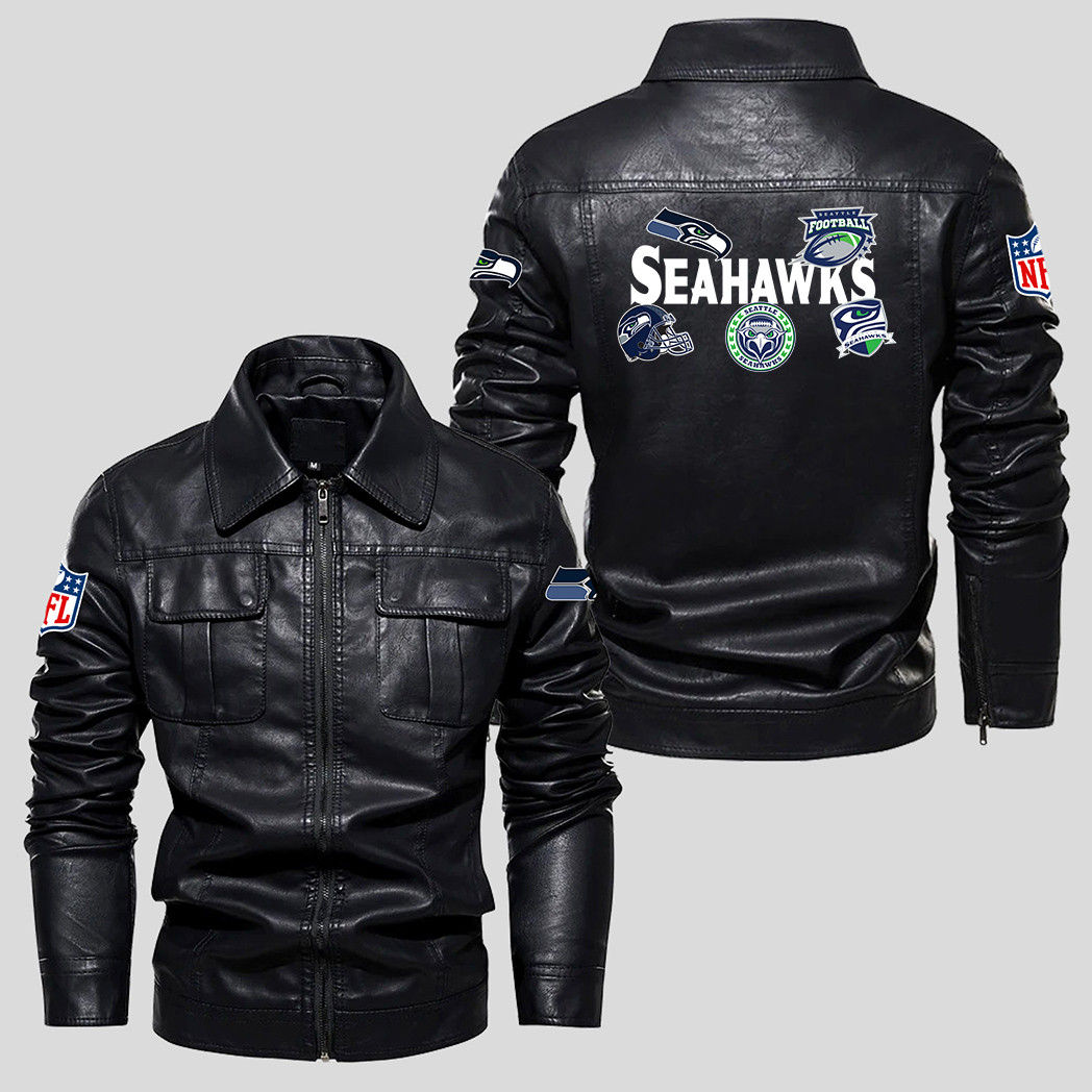 Seattle Seahawks NFL Team Logo Badge Pattern Black 2D Motorcycle Leather Jacket