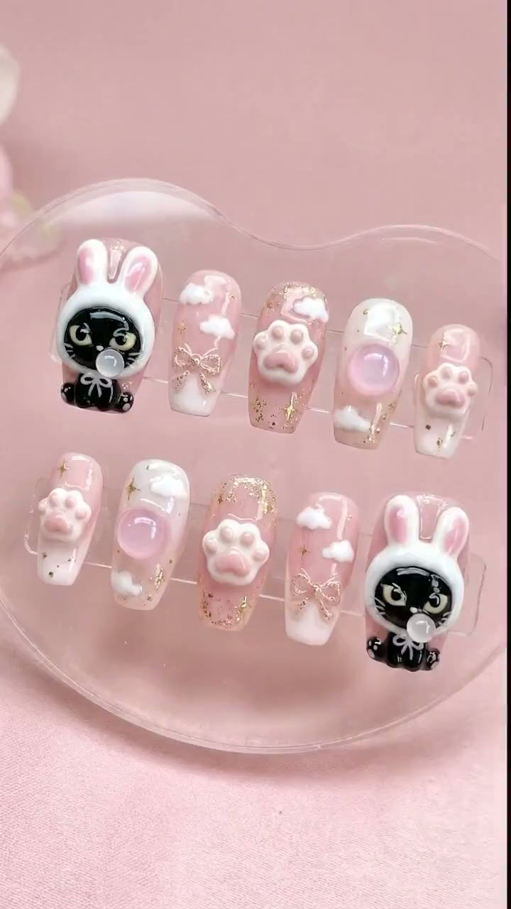 Thumbnail: Kawaii 3D Dreamy Cloud Hoodie Kitty Press On Nails | Luxury Pink Coquette Nail A