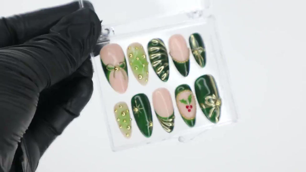 Thumbnail: Christmas Press On Nails in Green | Bow, Holly & Ornament Design