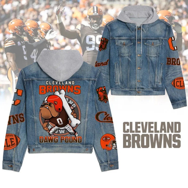 Cleveland Browns NFL Team Logo& Motto v3 3D Hooded Denim Jacket