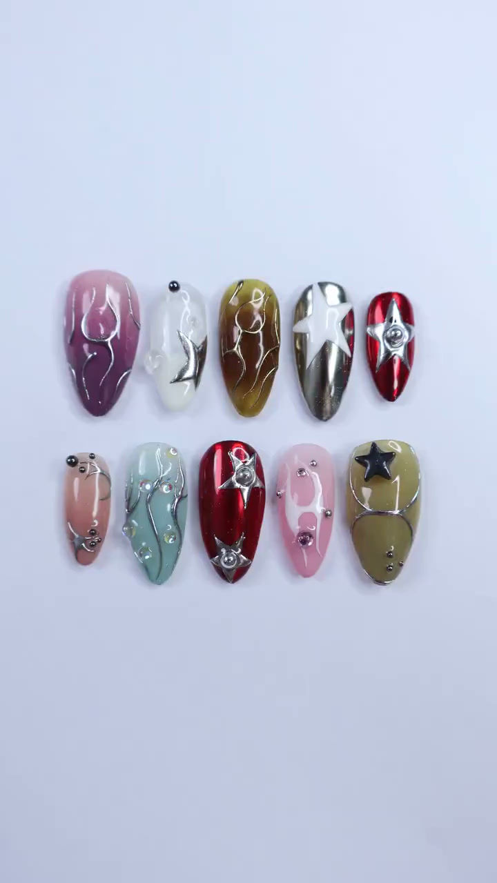 Thumbnail: 3D Freestyle Almond Goth Press On Nails, Handpainted Luxury Acrylic Gothic Fake
