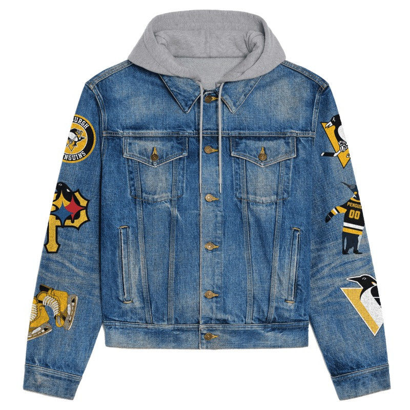 Thumbnail: Pittsburgh Penguins NHL Team Logo& Motto v2 3D Hooded Denim Jacket
