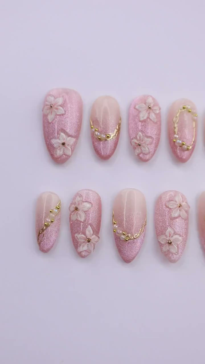 Thumbnail: Spring Press On Nails | Pink Cat Eye with Floral & Gold Accent Fake Nails