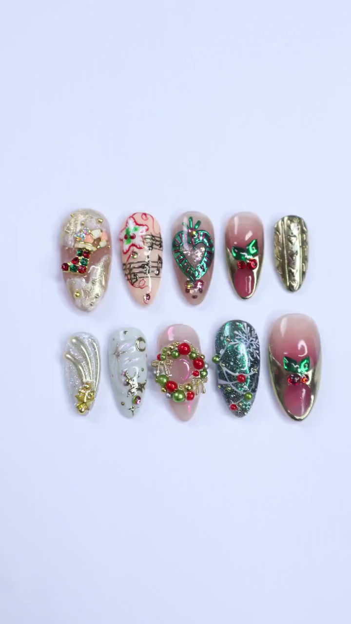 Thumbnail: Festive Medium Almond Press-On Nails: Adorned with Laurel Wreaths, Music Notes