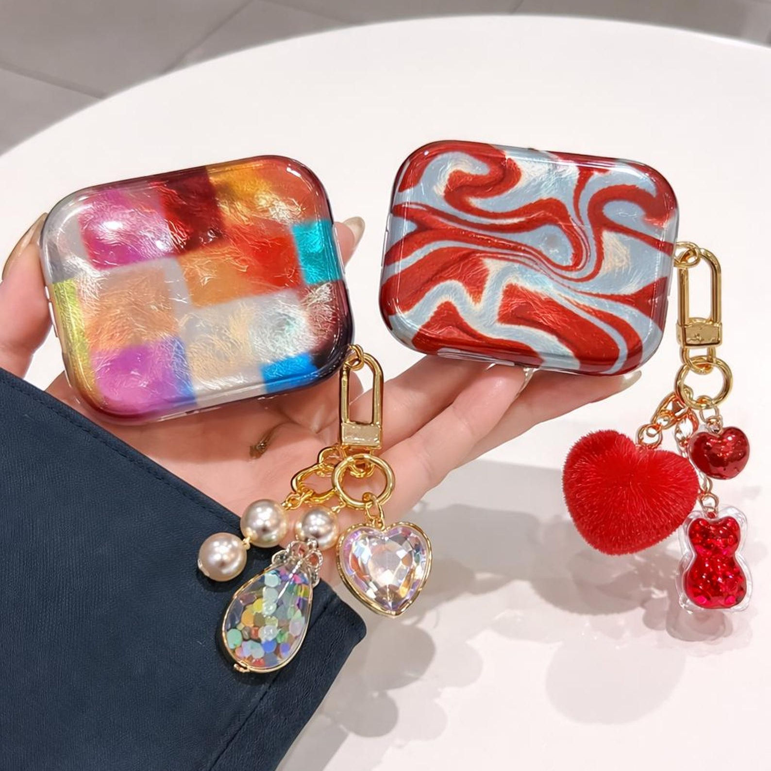 Name Custom 2D Printing Patchwork and Marbled Design AirPods Case, Iridescent &