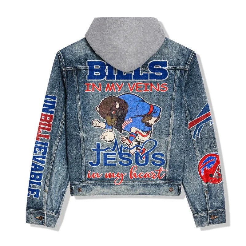 Thumbnail: Buffalo Bills NFL Team Logo& Motto v5 3D Hooded Denim Jacket