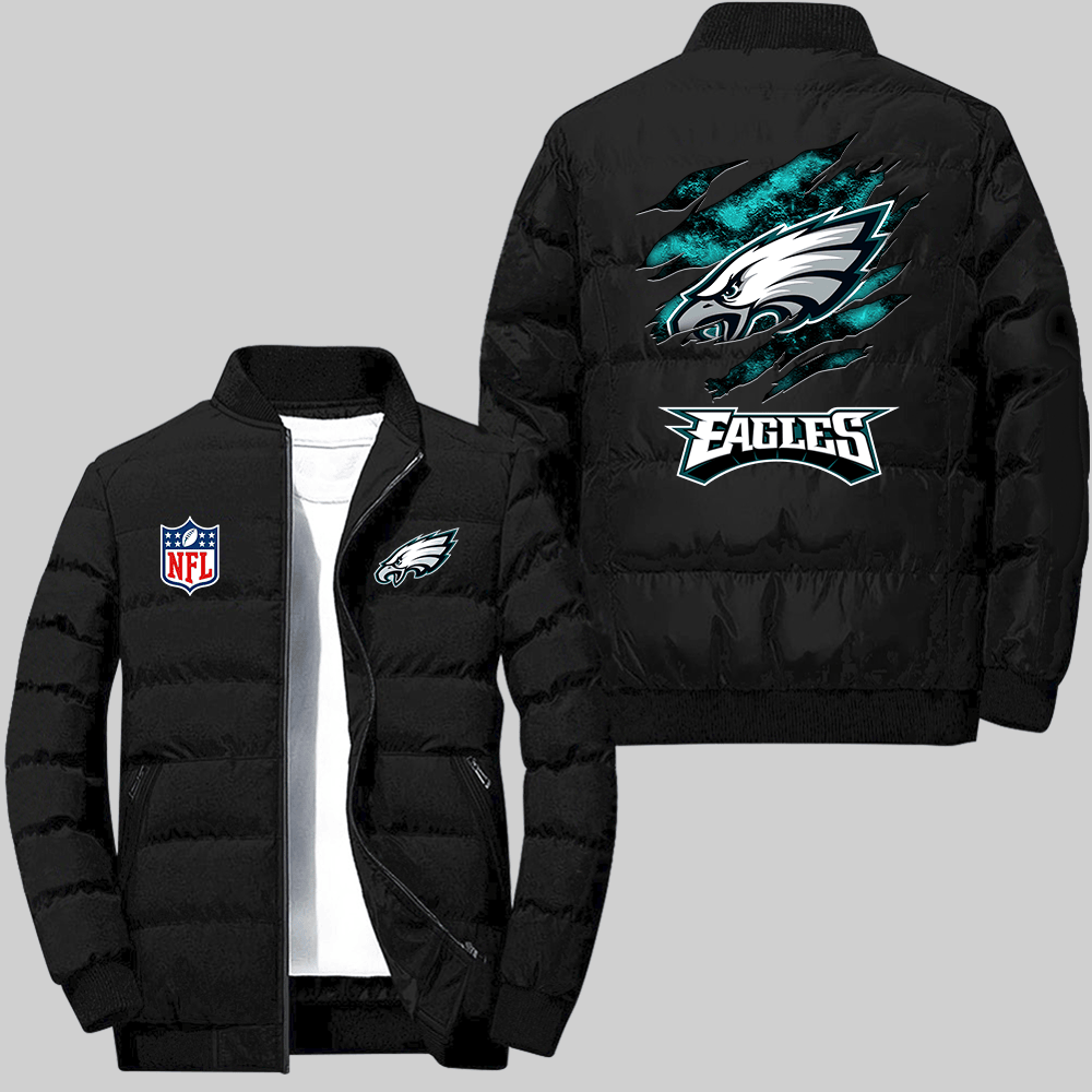 Philadelphia Eagles NFL Team Logo Scratch Pattern Black 2D Puffer Jacket