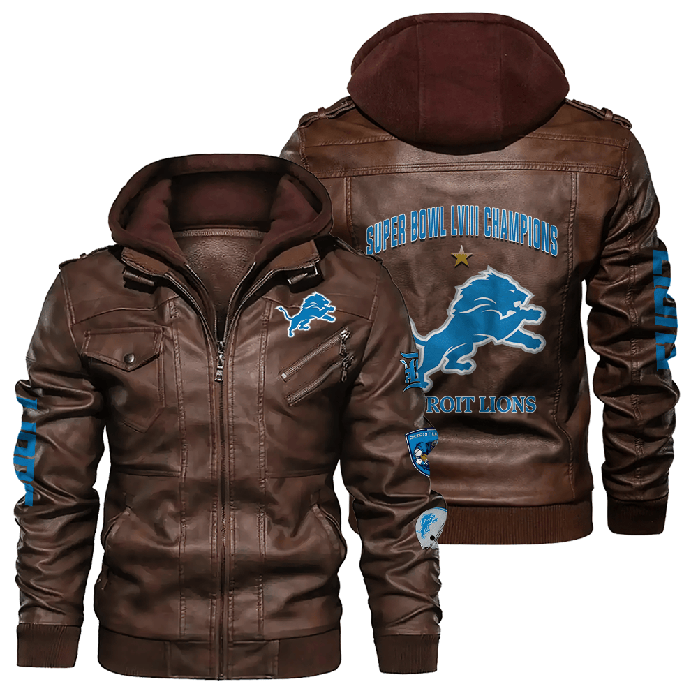 Detroit Lions NFL Super Bowl LVIII Champions Zip Brown Leather Jacket With Hood