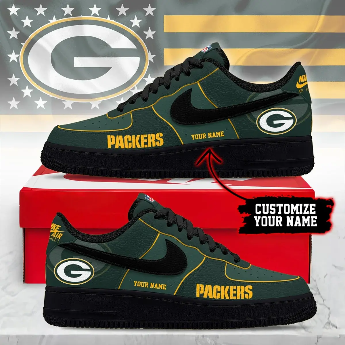 Green Bay Packers Premium NFL Custom Custom Air Force 1 Sneakers