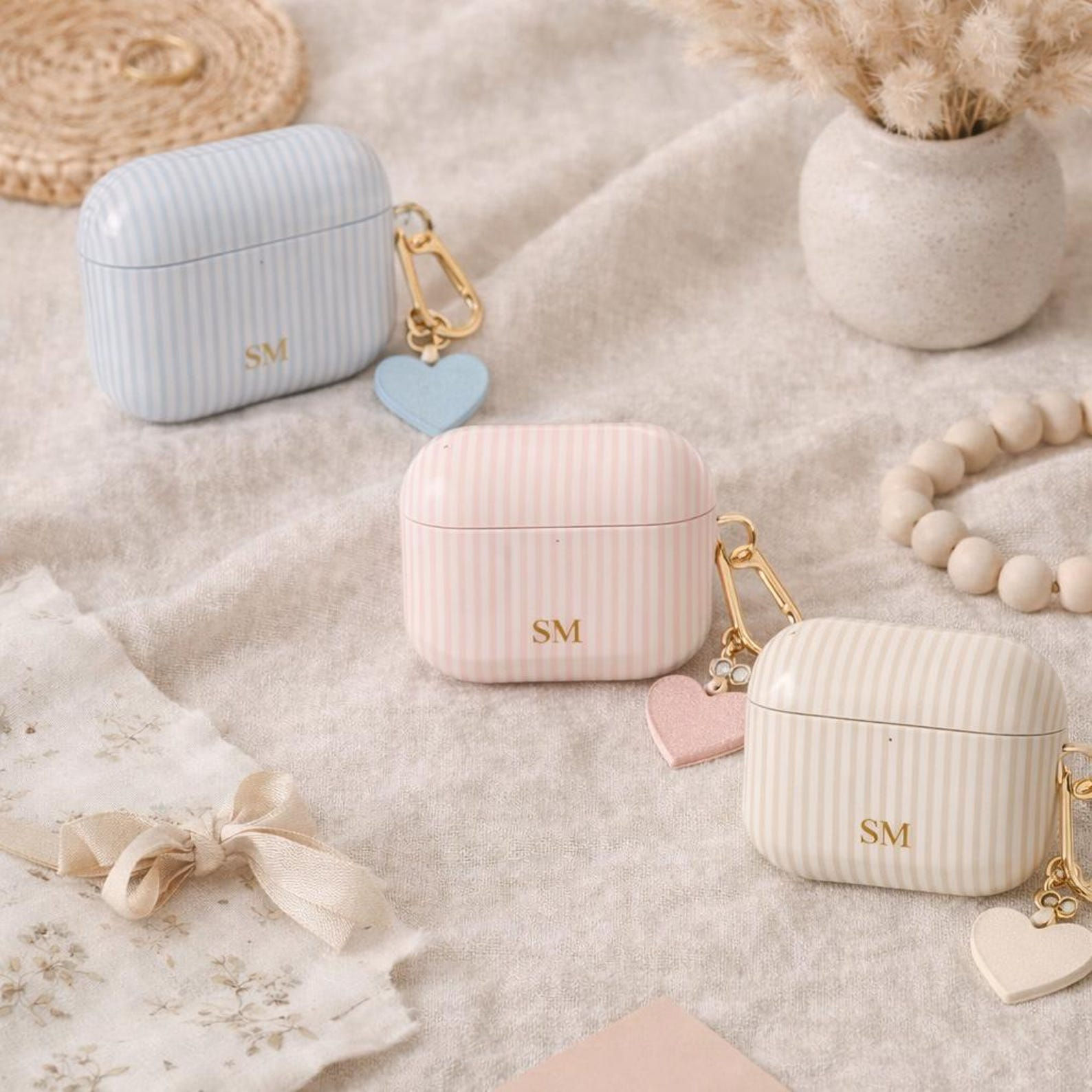 Striped Initial AirPods Pro Case, Pastel Gold/ Light Pink/ BLue Personalized Cas