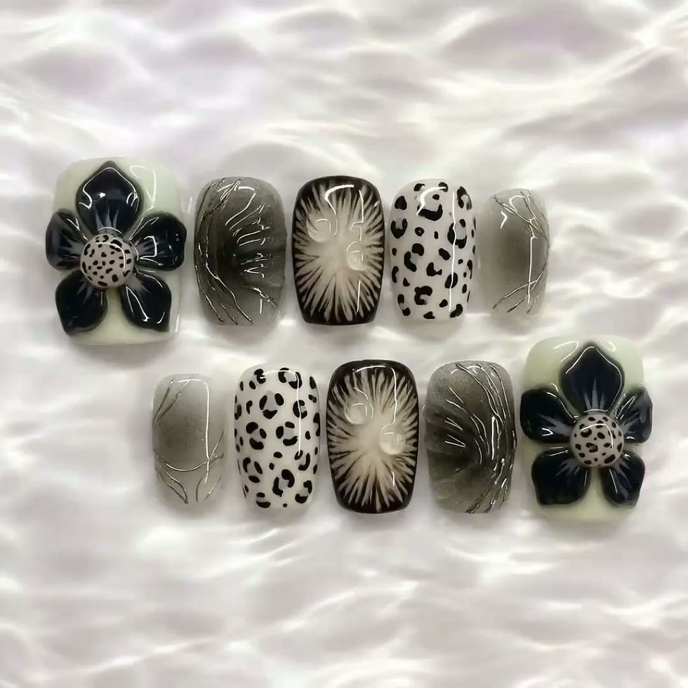 Thumbnail: 3D Black Flower Leopard Print Toenails, Edgy Y2K Monochrome Line Art Pedi