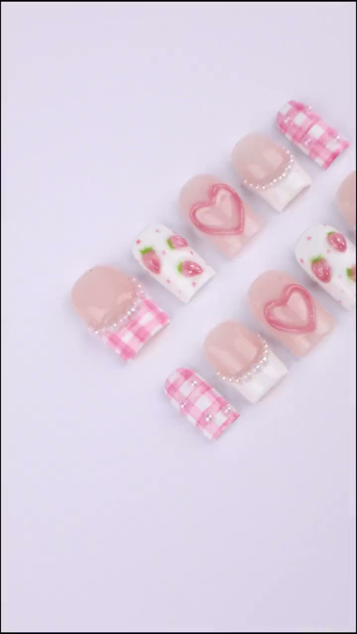Thumbnail: Pink Valentine Press On Nails | Strawberry & Heart Design with Pearl Details