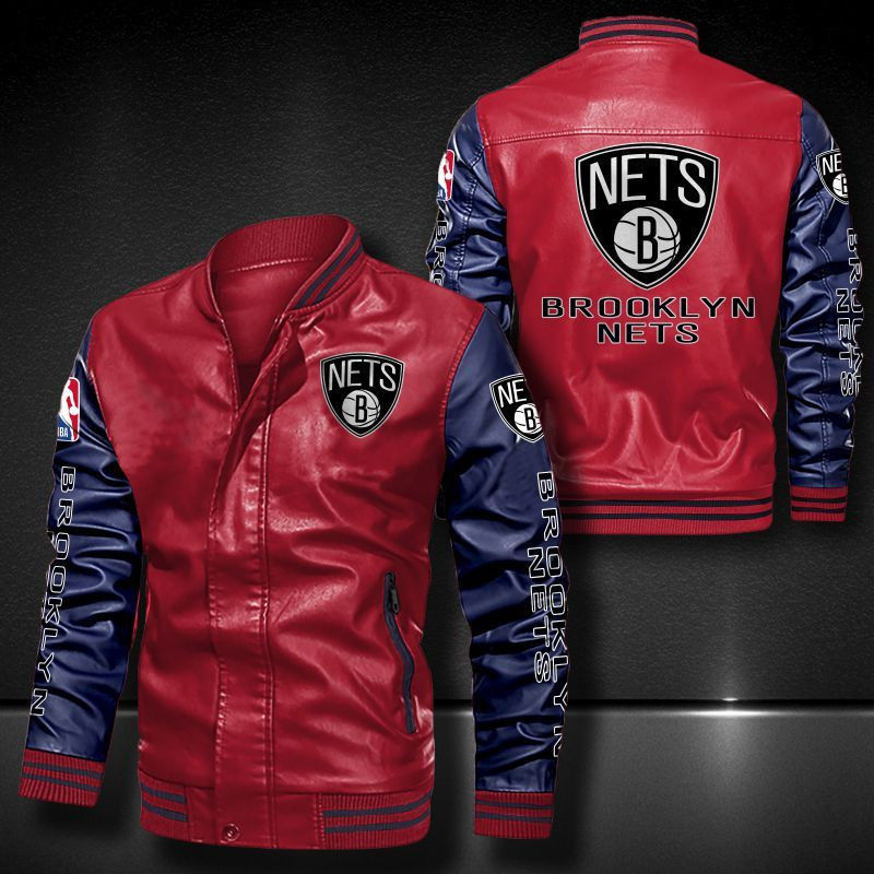 Thumbnail: Brooklyn Nets Leather Varsity Jacket Bomber Coat
