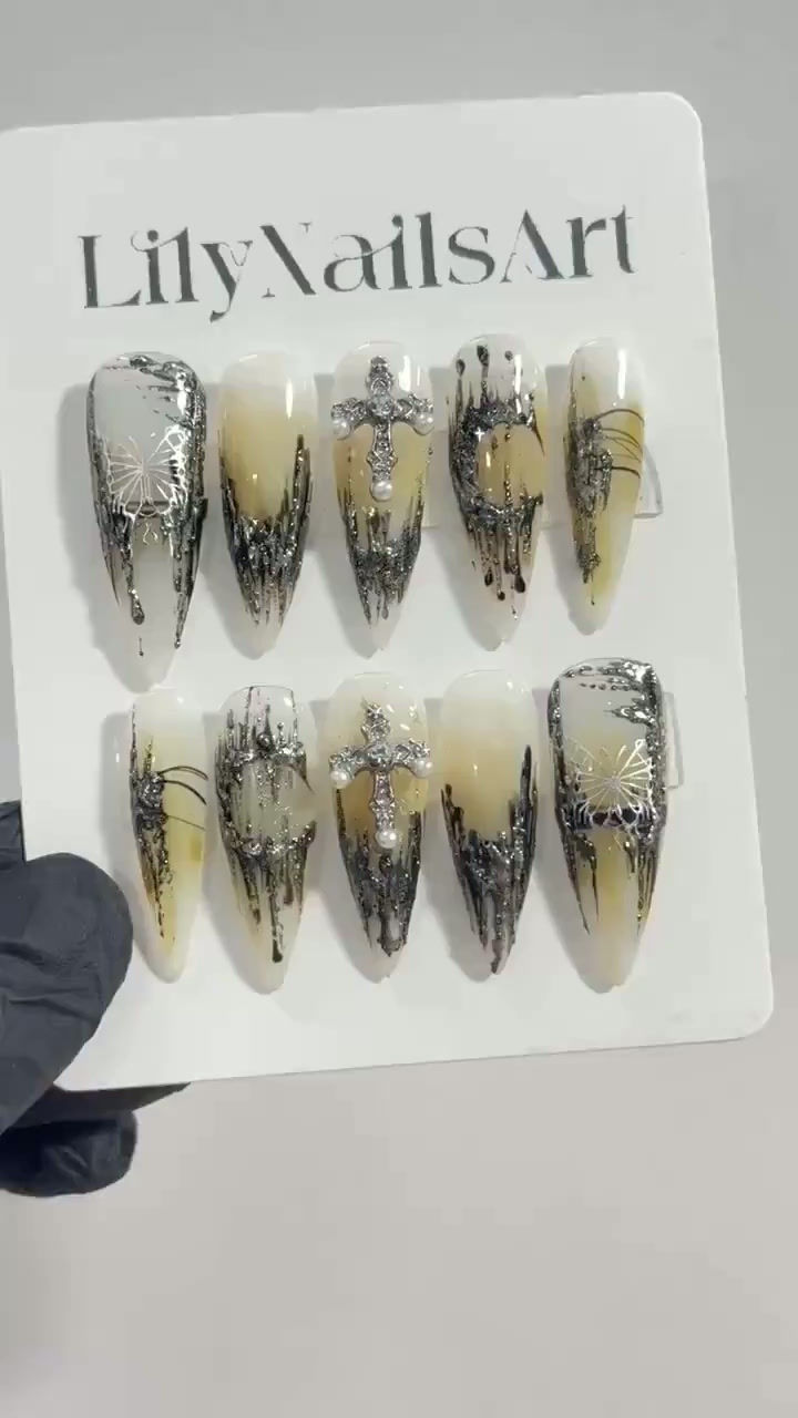 Thumbnail: Silver Cross & Metallic Chrome On Gold Long Stiletto Press On Nails Goth