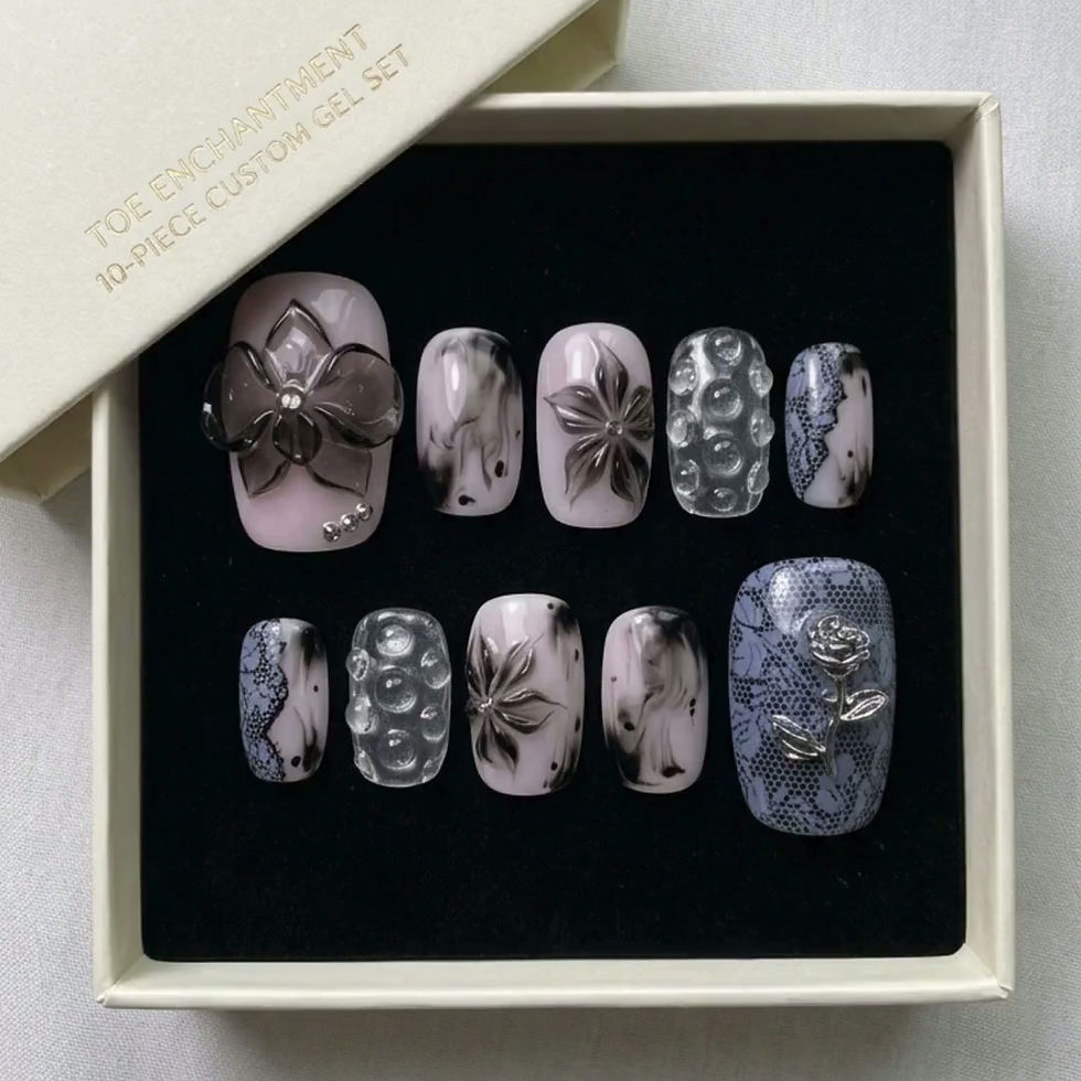 Thumbnail: Goth Press on Toes, Lavender Lace Flower Toenails, Smoky Marble Pedicure, Black