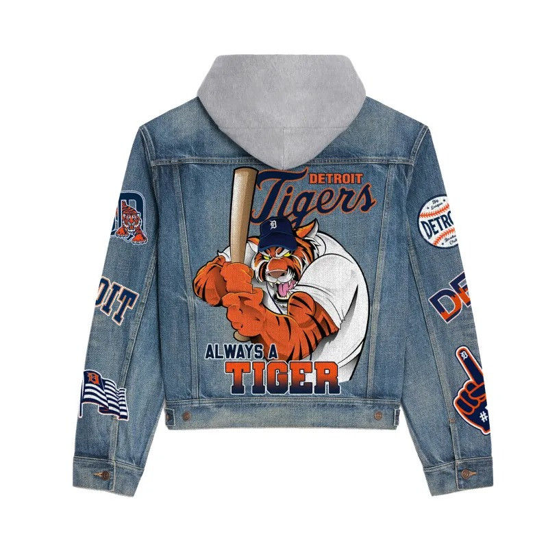 Thumbnail: Detroit Tigers MLB Team Logo Mascots 3D Hooded Denim Jacket