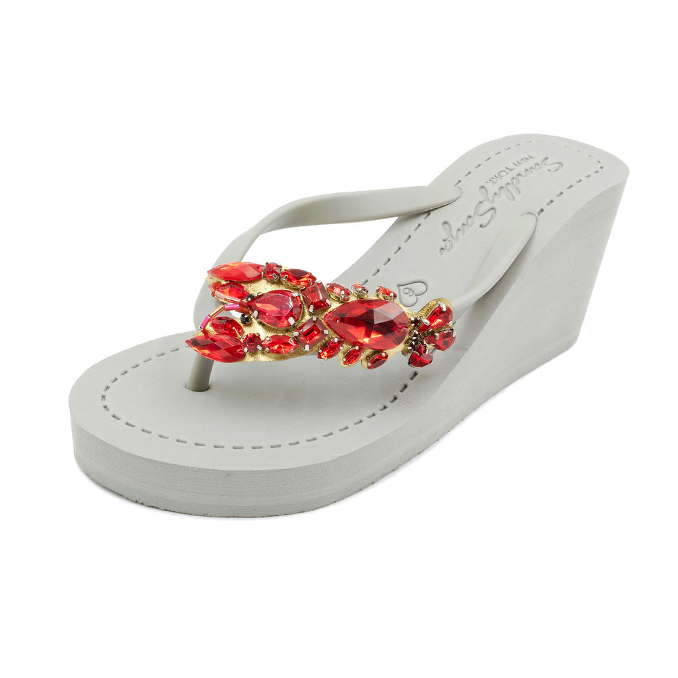 Thumbnail: Lobster - Red Crystal Stone Embellished Women's High Wedge Flip Flops Sandal