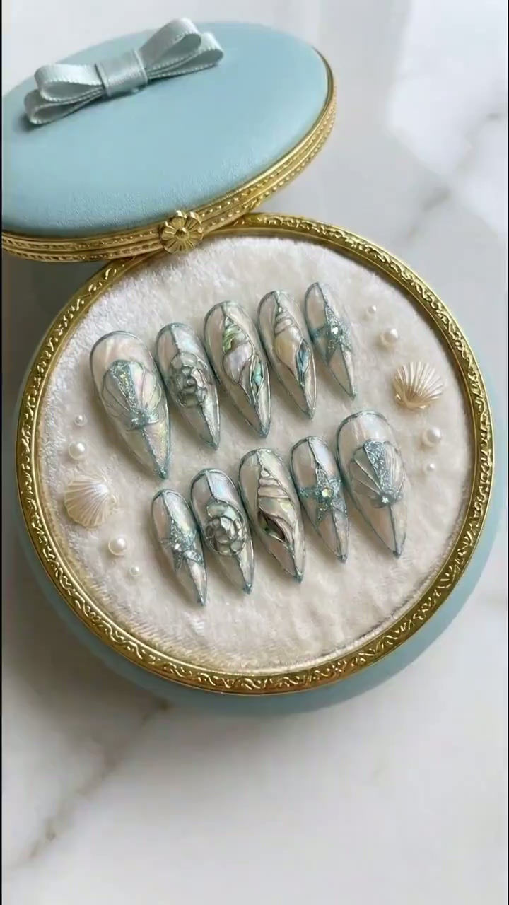 Thumbnail: Mermaid Stained Glass Press On Nails, Abalone Shell Inlay, 3D Sea Star