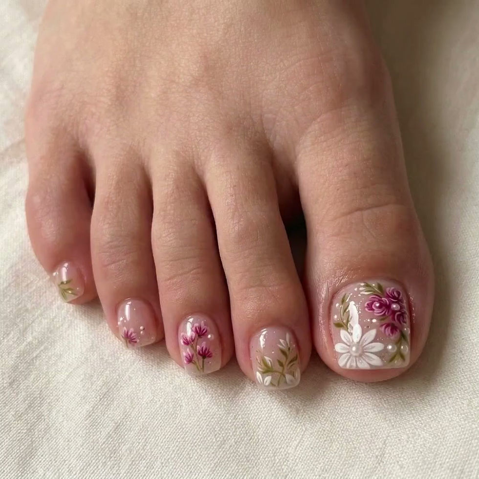 Thumbnail: Hand-painted Floral Press-on Toes, Vintage Garden Pedicure, Pink White Flowers